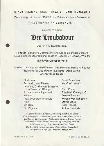 Stadt Frankenthal, Theater und Konzerte, Feierabendhaus Frankenthal: Programmheft Giuseppe Verdi DER TROUBADOUR 10. Januar 1974 Feierabendhaus Frankenthal. 