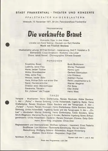 Stadt Frankenthal, Theater und Konzerte, Feierabendhaus Frankenthal: Programmheft Friedrich Smetana DIE VERKAUFTE BRAUT 10. November 1971 Feierabendhaus Frankenthal. 