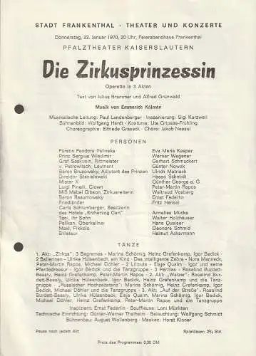 Stadt Frankenthal, Theater und Konzerte, Feierabendhaus Frankenthal: Programmheft Emmerich Kalman DIE ZIRKUSPRINZESSIN 22. Januar 1970 Feierabendhaus Frankenthal. 