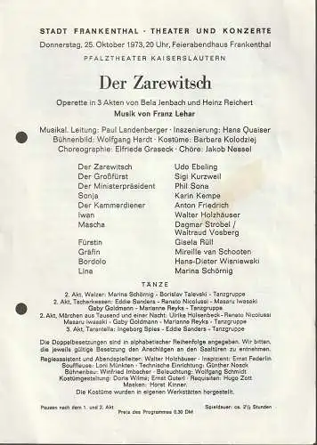 Stadt Frankenthal, Theater und Konzerte, Feierabendhaus Frankenthal: Programmheft Franz Lehar DER ZAREWITSCH  25. Oktober 1973 Feierabendhaus Frankenthal. 