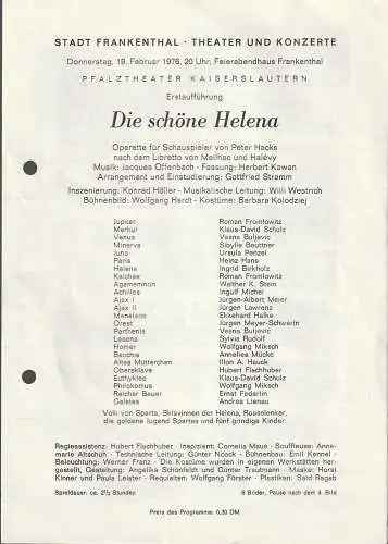 Stadt Frankenthal, Theater und Konzerte, Feierabendhaus Frankenthal: Programmheft Erstaufführung Jacques Offenbach DIE SCHÖNE HELENA 19. Februar 1976 Feierabendhaus Frankenthal. 