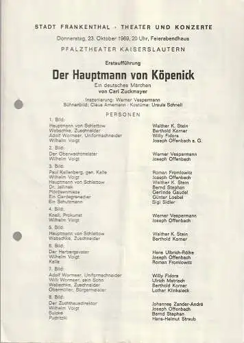 Stadt Frankenthal, Theater und Konzerte, Feierabendhaus Frankenthal: Programmheft Carl Zuckmayer DER HAUPTMANN VON KÖPENICK 23. Oktober 1969. 