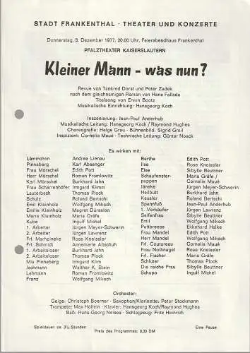 Stadt Frankenthal, Theater und Konzerte, Feierabendhaus Frankenthal: Programmheft Dorst / Zadek KLEINER MANN - WAS NUN ? 8. Dezember 1977. 