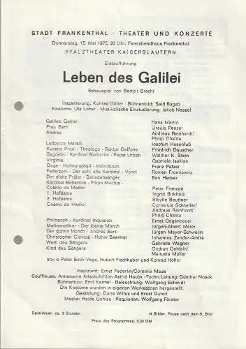 Stadt Frankenthal, Theater und Konzerte, Feierabendhaus Frankenthal: Programmheft Bertolt Brecht LEBEN DES GALILEI 15. Mai 1975. 