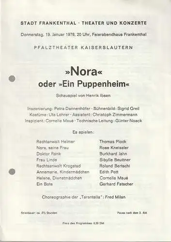 Stadt Frankenthal, Theater und Konzerte, Feierabendhaus Frankenthal: Programmheft Henrik Ibsen NORA oder EIN PUPPENHEIM 19. Januar 1978. 