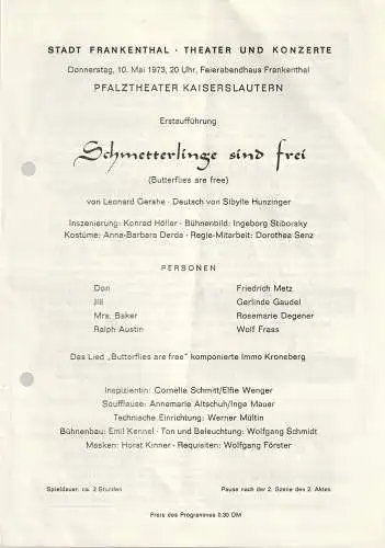 Stadt Frankenthal, Theater und Konzerte, Feierabendhaus Frankenthal: Programmheft Leonard Gershe SCHMETTERLINGE SIND FREI 10. Mai 1973. 