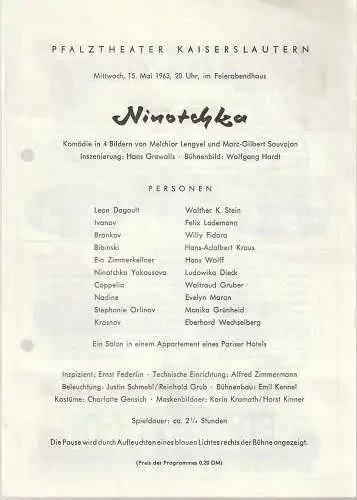 Feierabendhaus Frankenthal, Pfalztheater Kaiserslautern: Programmheft Lengyel / Sauvajon NINOTSCHKA 15. Mai 1963. 