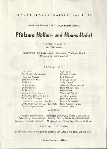 Feierabendhaus Frankenthal, Pfalztheater Kaiserslautern: Programmheft Paul Münch PFÄLZERS HÖLLEN- UND HIMMELFAHRT 6. Februar 1963. 