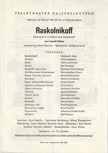 Feierabendhaus Frankenthal, Pfalztheater Kaiserslautern: Programmheft Leopold Ahlsen RASKOLNIKOFF 26. Februar 1964. 