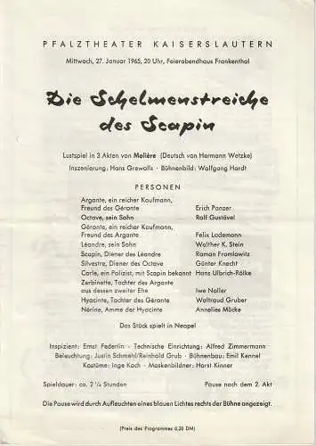 Feierabendhaus Frankenthal, Pfalztheater Kaiserslautern: Programmheft Moliere DIE SCHELMENSTREICHE DES SCAPIN 27. Januar 1965. 