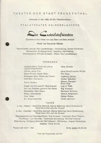 Theater der Stadt Frankenthal, Feierabendhaus: Programmheft Emmerich Kalman DIE CSARDASFÜRSTIN 8. Mai 1968 Feierabendhaus Frankenthal. 