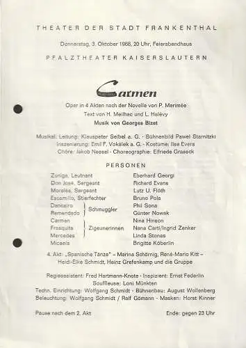 Theater der Stadt Frankenthal, Feierabendhaus: Programmheft Georges Bizet CARMEN  3. Oktober 1968 Feierabendhaus Frankenthal. 