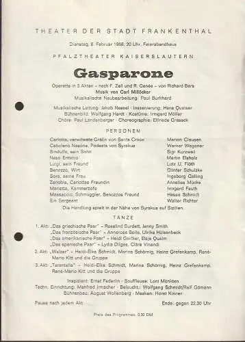 Theater der Stadt Frankenthal, Feierabendhaus: Programmheft Carl Millöcker GASPARONE 6. Februar 1968 Feierabendhaus Frankenthal. 