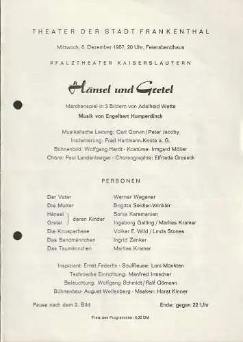 Theater der Stadt Frankenthal, Feierabendhaus: Programmheft Engelbert Humperdinck HÄNSEL UND GRETEL 6. Dezember 1967  Feierabendhaus Frankenthal. 