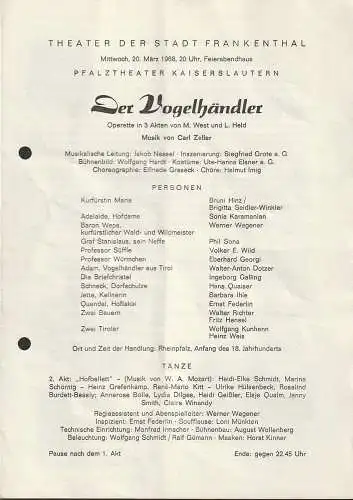 Theater der Stadt Frankenthal, Feierabendhaus: Programmheft  Carl Zeller DER VOGELHÄNDLER 20. März 1968 Feierabendhaus Frankenthal. 