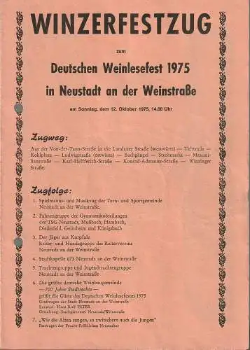 Neustadt an der Weinstraße Weinlesefest 1975: Programmheft WINZERFESTZUG ZUM DEUTSCHEN WEINLESEFEST 12. Oktober 1975. 