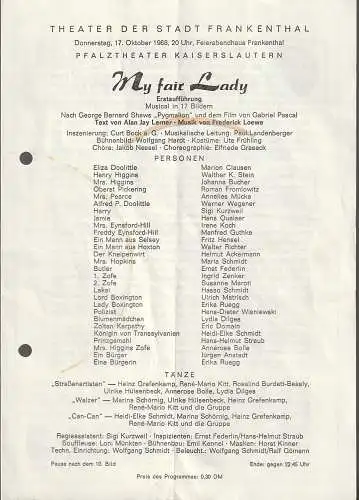 Theater der Stadt Frankenthal, Feierabendhaus: Programmheft  Erstaufführung Frederick Loewe MY FAIR LADY 17. Oktober 1968 Feierabendhaus Frankenthal. 