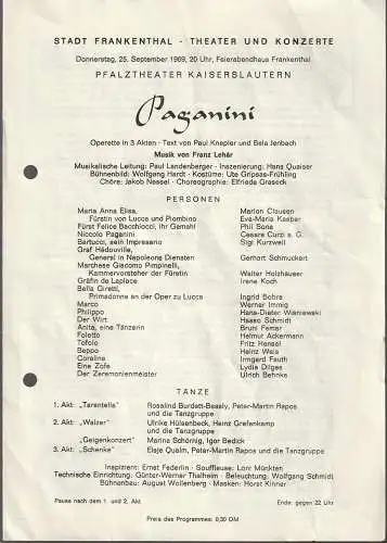 Stadt Frankenthal, Theater und Konzerte, Feierabendhaus Frankenthal: Programmheft Franz Lehar PAGANINI 25. September 1969 Feierabendhaus Frankenthal. 