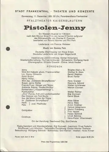 Stadt Frankenthal, Theater und Konzerte, Feierabendhaus Frankenthal: Programmheft Sammy Fain PISTOLEN-JENNY  11. Dezember 1969 Feierabendhaus Frankenthal. 