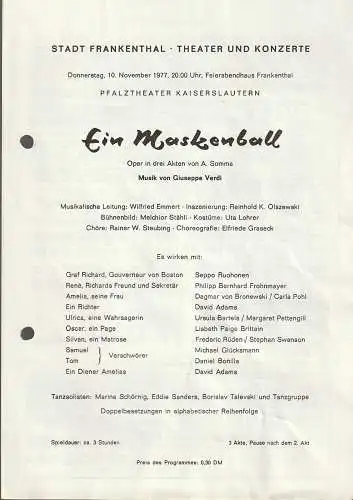 Stadt Frankenthal, Theater und Konzerte, Feierabendhaus Frankenthal: Programmheft Giuseppe Verdi EIN MASKENBALL 10. November 1977 Feierabendhaus Frankenthal. 