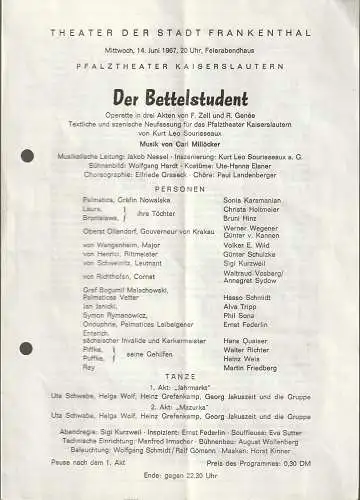 Theater der Stadt Frankenthal, Feierabendhaus: Programmheft Carl Millöcker DER BETTELSTUDENT 14. Juni 1967  Feierabendhaus. 