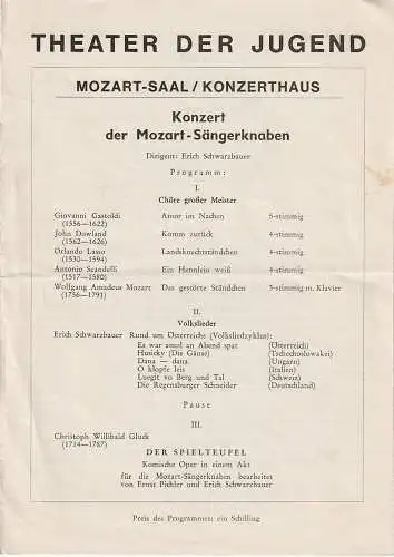 Theater Der Jugend: Programmheft KONZERT DER MOZART-SÄNGERKNABEN  ca. 1955 Mozart-Saal / Konzerthaus. 