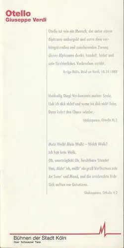 Bühnen der Stadt Köln, Oper, Günter Krämer, James Conlon, Kerstin Schüssler, Ian Burton, Sophie Becker: Programmheft Giuseppe Verdi OTELLO Premiere 16. März 1996 Spielzeit 1995 / 96. 