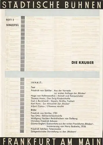 Städtische Bühnen Frankfurt am Main, Harry Buckwitz, Günter Skopnik, Wolfram Viehweg, Rudi Seitz: Programmheft Friedrich von Schiller DIE RÄUBER Spielzeit 1959 / 60 Heft 2. 