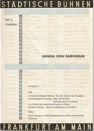 Städtische Bühnen Frankfurt am Main, Harry Buckwitz, Günter Skopnik, Wolfram Viehweg, Rudi Seitz: Programmheft Gotthold Ephraim Lessing MINNA VON BARNHELM Spielzeit 1959 / 60 Heft 13. 