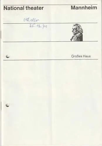 Nationaltheater Mannheim, Ernst Dietz, Peter Mertz, Barbara Pelz: Programmheft Giuseppe Verdi OTHELLO 25. Dezember 1971 Spielzeit 1971 / 72 (18). 