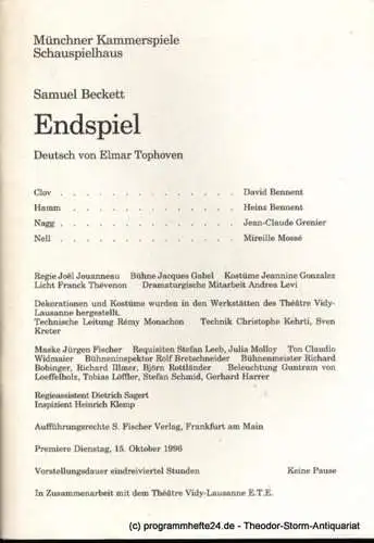 Münchner Kammerspiele Schauspielhaus, Dieter Dorn: Programmheft Samuel Beckett Endspiel Premiere Dienstag 15. Oktober 1996 Spielzeit 1996 / 97 Heft 2 (18). 