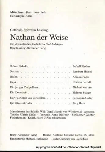 Münchner Kammerspiele Schauspielhaus, Dieter Dorn: Programmheft Gotthold Ephraim Lessing Nathan der Weise Premiere Sonntag 18. Dezember 1994. Spielzeit 1994 / 95 Heft 2 (18). 