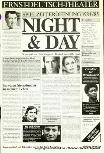 Ernst Deutsch Theater Hamburg, Friedrich Schütter, Wolfgang Borchert, Jürgen Apel, Bernd Schöttke: Programmheft Night and Day. Schauspiel von Tom Stoppard. Premiere 9. August 1984. Mit Stückabdruck in der Regiefassung. Spielzeit 1984 / 85 (18). 