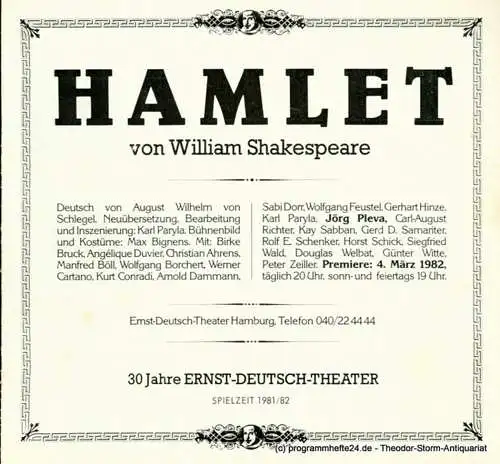 Ernst  Deutsch  Theater Hamburg, Friedrich Schütter, Wolfgang Borchert: Programmheft Hamlet. Tragödie von William Shakespeare. Premiere 4. März 1982. Spielzeit 1981 / 82 Heft 6 (18). 