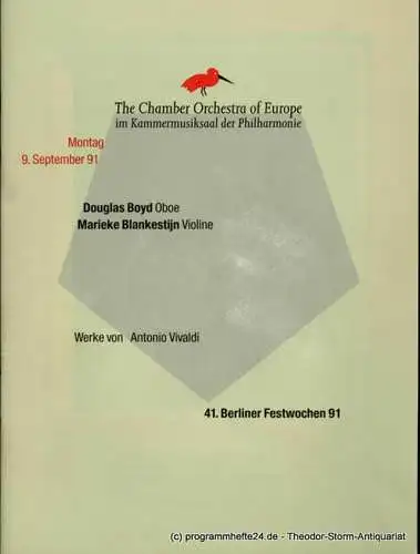 Berliner Festspiele GmbH, 41. Berliner Festwochen, Ulrich Eckhardt, Torsten Maß, Dirk Nabering, Bernd Krüger: Programmheft 41. Berliner Festwochen 1991. Werke von Antonio Vivaldi. 9. September 1991 Kammermusiksaal (18). 