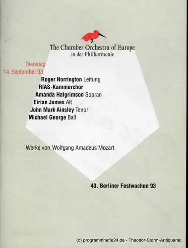 Berliner Festspiele GmbH, 43. Berliner Festwochen, Ulrich Eckhardt, Torsten Maß, Dirk Nabering, Guttaborg Kreissl, Bernd Krüger, Annette Rosenfeld: Programmheft 43. Berliner Festwochen 1993. 14. September 1993 in der Philharmonie (18). 