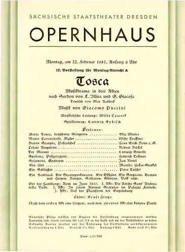 Sächsische Staatstheater Dresden, Opernhaus: Programmheft TOSCA. 22. Februar 1943 (18). 