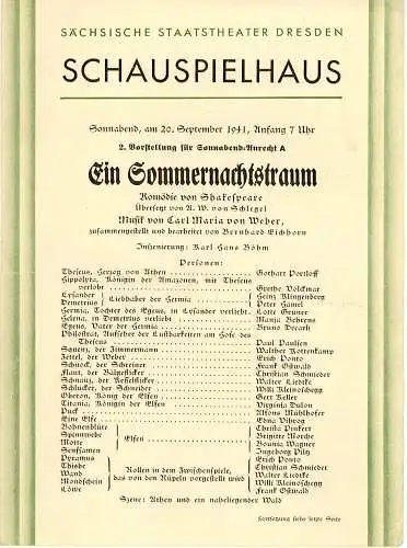 Sächsische Staatstheater Dresden, Schauspielhaus: Programmheft Ein Sommernachtstraum. Komödie von Shakespeare. 20. September 1941 (18). 