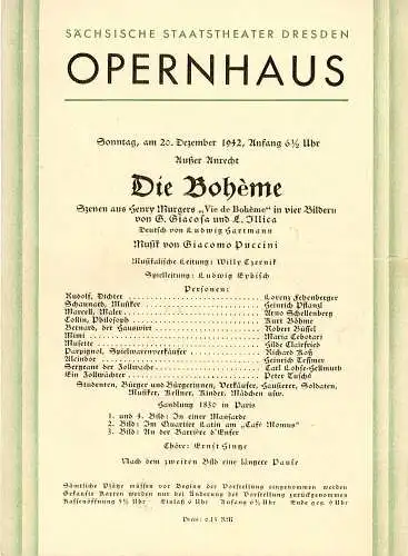 Sächsische Staatstheater Dresden, Opernhaus: Programmheft Die Boheme. 20. Dezember 1942 (18). 