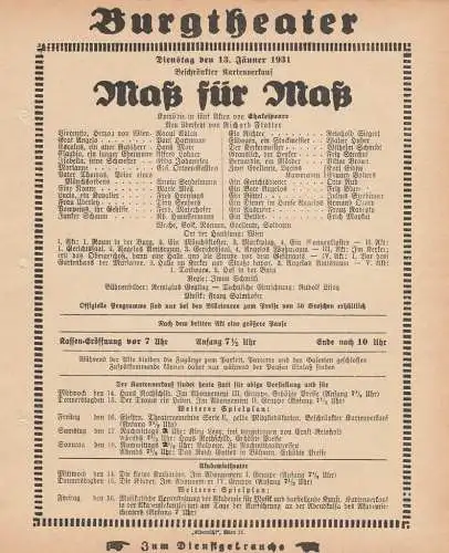 Burgtheater Wien: Theaterzettel Shakespeare MAß FÜR MAß 13. Jänner 1931 Burgtheater Wien (18). 