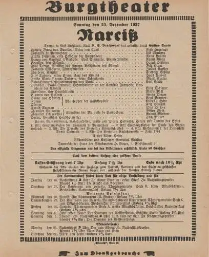 Burgtheater Wien: Theaterzettel A. E. Brachvogel NARCIß ( Narziss ) 25. Dezember 1927 Burgtheater Wien (18). 