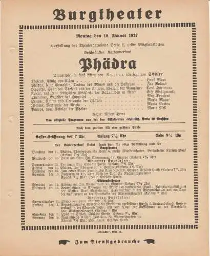 Burgtheater Wien: Theaterzettel Racine PHÄDRA 10. Jänner 1927 Burgtheater Wien (18). 