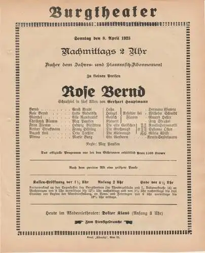 Burgtheater Wien: Theaterzettel Gerhart Hauptmann ROSE BERND 8. April 1923 Burgtheater Wien (18). 