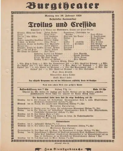Burgtheater Wien: Theaterzettel Shakespeare TROILUS UND CRESSIDA 20. Februar 1928 Burgtheater Wien (18). 