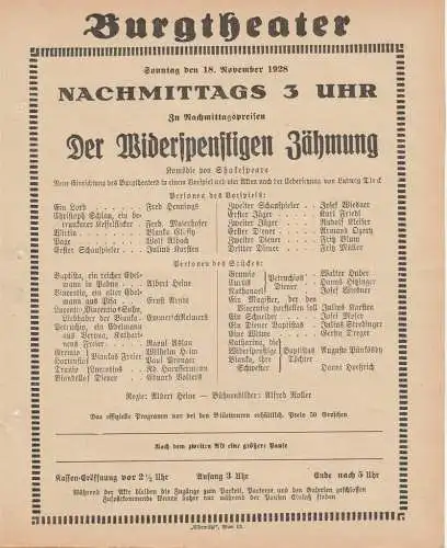 Burgtheater Wien: Theaterzettel Shakespeare DER WIDERSPENSTIGEN ZÄHMUNG 18. November 1928 Burgtheater Wien (18). 