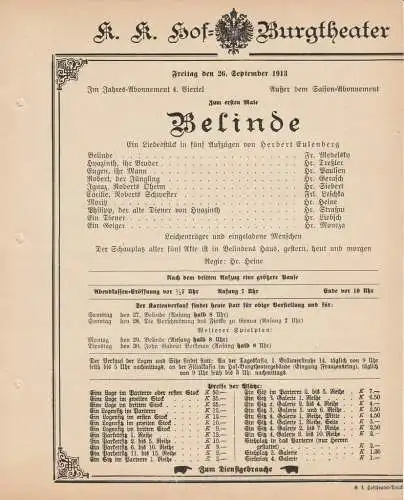 k. k. Hof = Burgtheater Wien: Theaterzettel Herbert Eulenberg BELINDE 26. September 1913 k. k. Hof = Burgtheater Wien (18). 