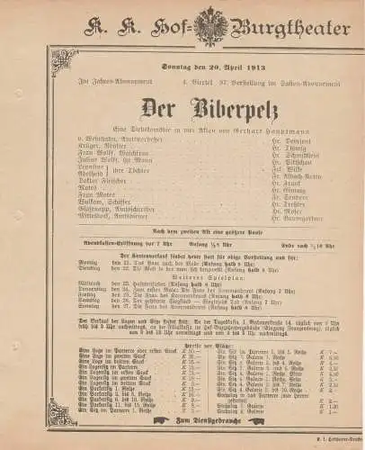 k. k. Hof = Burgtheater Wien: Theaterzettel Gerhart Hauptmann DER BIBERPELZ 20. April 1913 k. k. Hof = Burgtheater Wien (18). 
