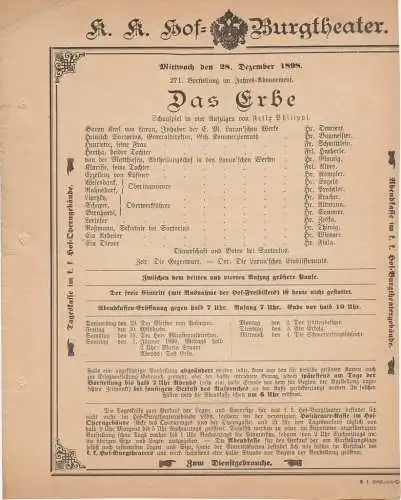 k. k. Hof = Burgtheater Wien: Theaterzettel Felix Philippi DAS ERBE 28. Dezember 1898 k. k. Hof = Burgtheater Wien (18). 