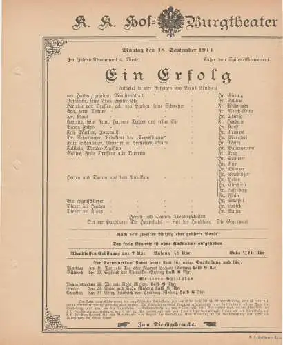 k. k. Hof = Burgtheater Wien: Theaterzettel Paul Lindau EIN ERFOLG 18. September 1911 k. k. Hof = Burgtheater Wien (18). 