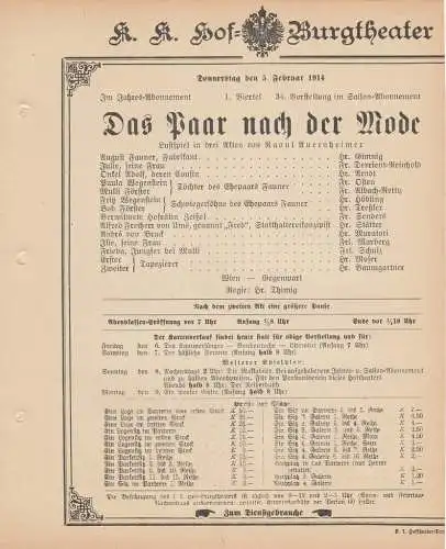 k. k. Hof = Burgtheater Wien: Theaterzettel Raoul Auernheimer DAS PAAR NACH DER MODE 5. Februar 1914 k. k. Hof = Burgtheater Wien (18). 
